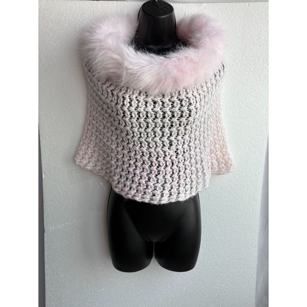 Pink Knit Faux Fur Trim Cover Top One Size Barbiecore Scarf Poncho Girly Y2K